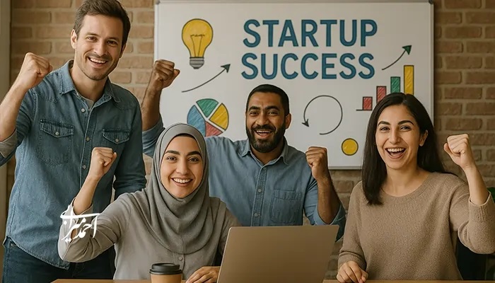 تیم استارتاپی موفق در حال جشن گرفتن پیروزی؛ چهار کارآفرین جوان با ظاهر متنوع فرهنگی در مقابل تابلوی Startup Success 